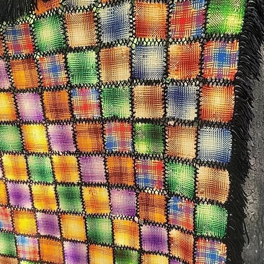 HANDMADE 1970s Rainbow Woven Knit Granny Square Patchwork Wall Throw